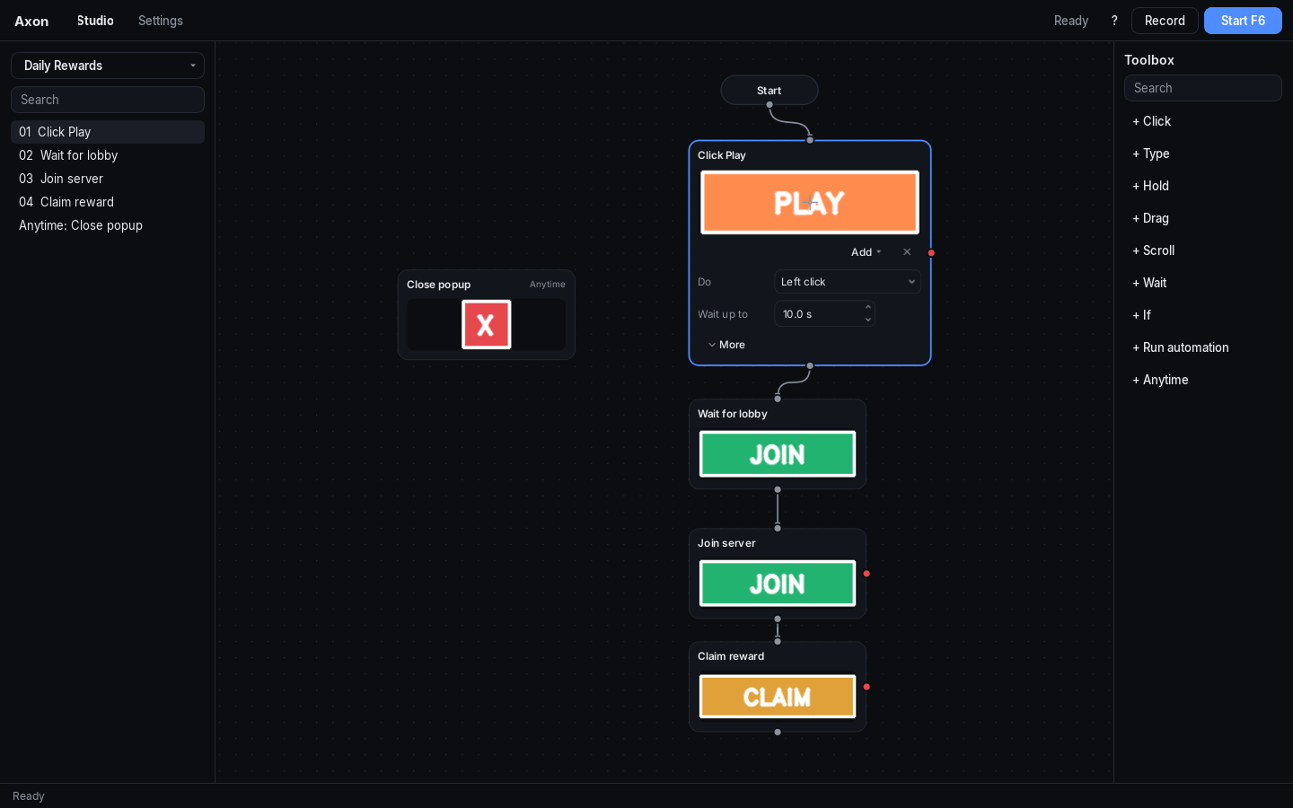 The Axon Automator Flow page: the step list on the left, the steps as connected nodes in the middle, and the selected step's editor on the right, under one top bar with Record and Start.