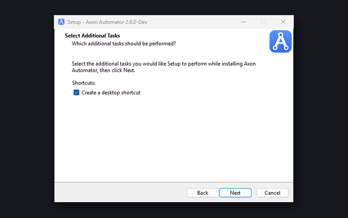 The Axon Automator setup wizard on the Select Additional Tasks page, with the desktop shortcut option ticked.