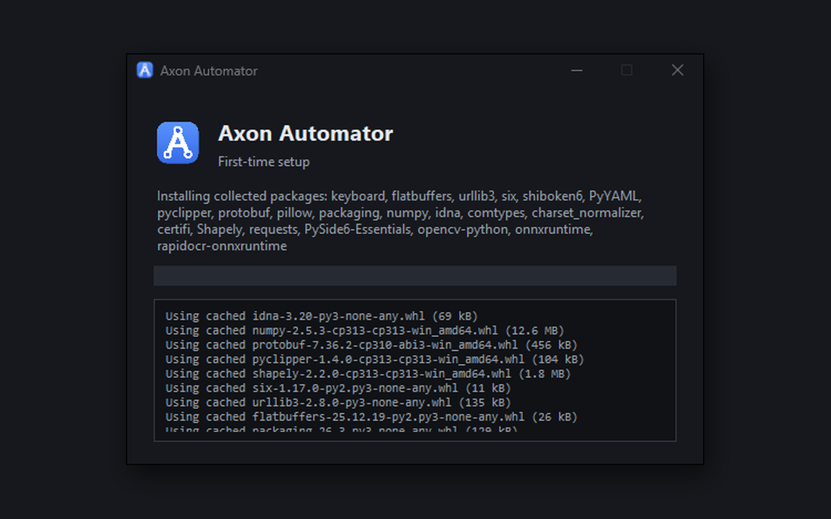 The Axon Automator first-launch setup splash while it installs components.