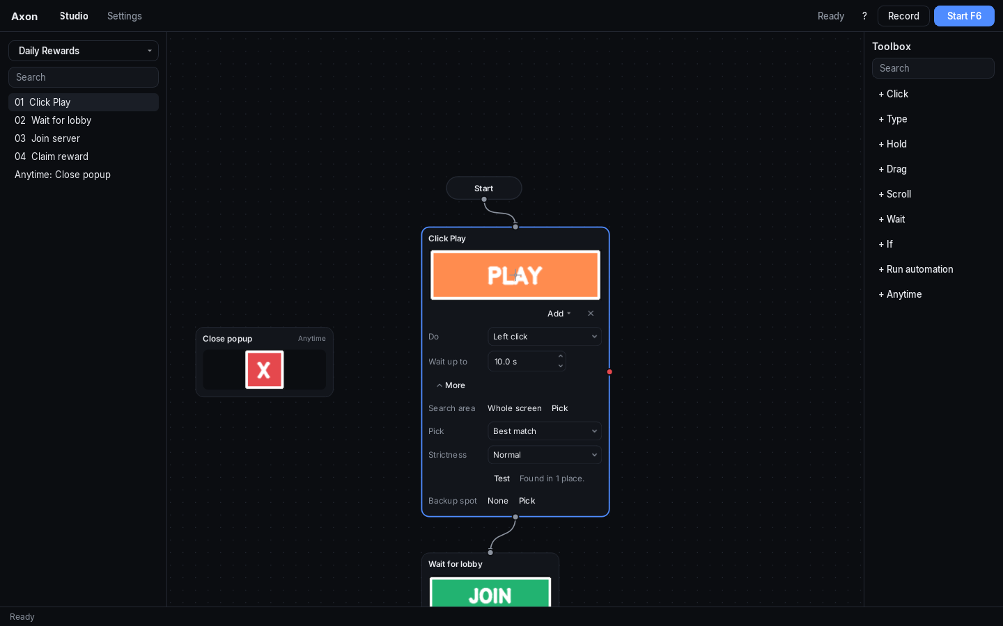 The Flow page with the Add panel open: Click, Type text, Wait, Hold click, Drag and Scroll, then Watcher, If / else and Run automation.