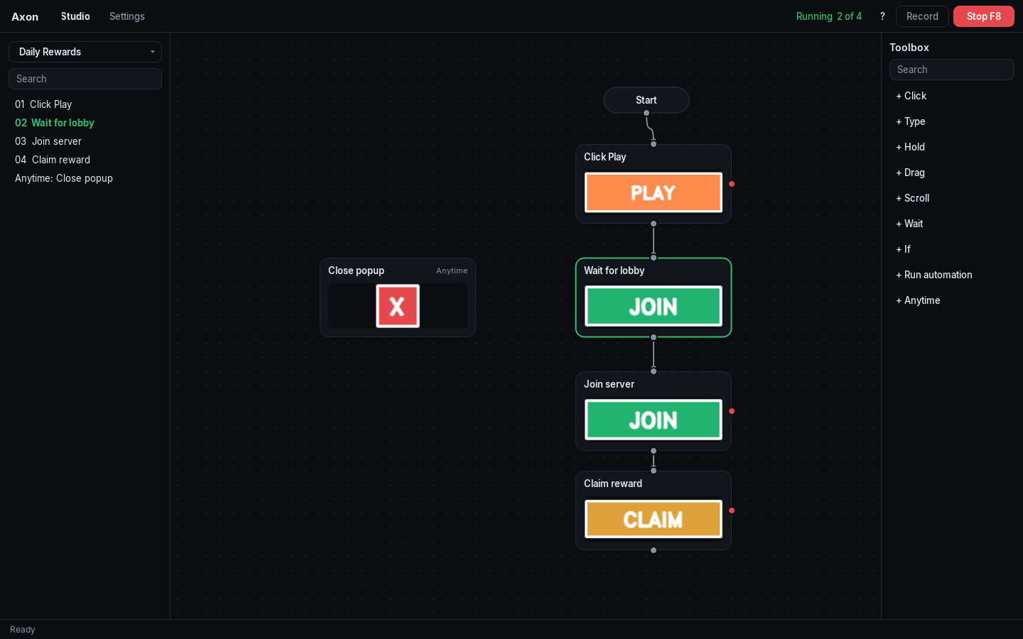 An automation running: the top bar reads Running, step 2 of 5, with a red Stop button, and the running node glows green.