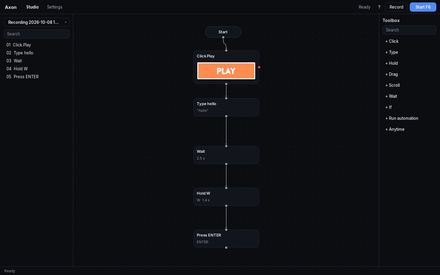Steps produced by Record, each named from on-screen text, such as Click 'Daily Reward' button - Rewards - Roblox.